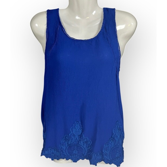 Pixley Tops - Pixley XL Tank Top Blue Scoop Neck Semi Sheer Sleeveless Blouse Bottom Lace